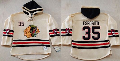 Blackhawks #35 Tony Esposito Cream Heavyweight Pullover Hoodie Stitched NHL Jersey - Click Image to Close